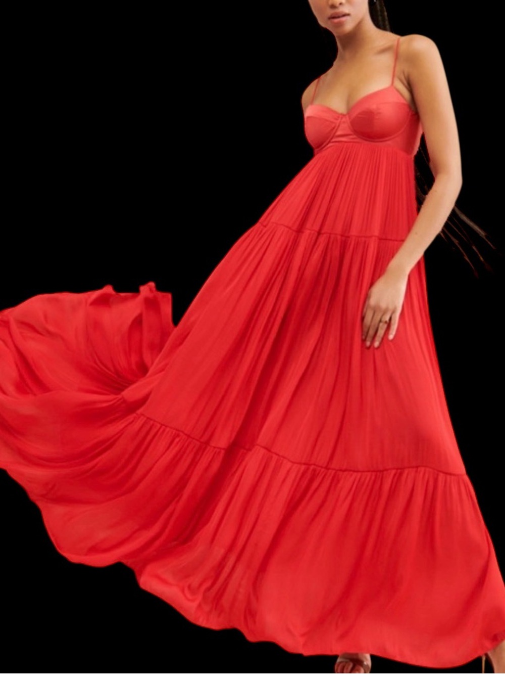 Free People red maxi dress. Tiered flowy skirt. Bustier bodice. Semi-open back M